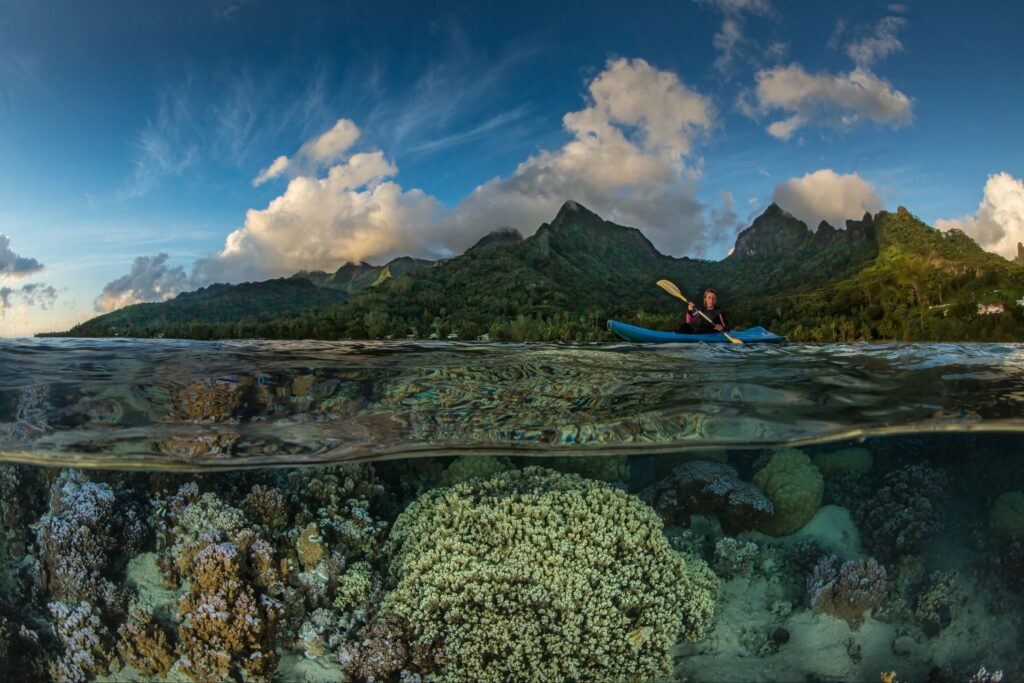 Split photo of French Polynesian mountains against a blue cloudy sky, a kayaker floating above a bunch of hard corals